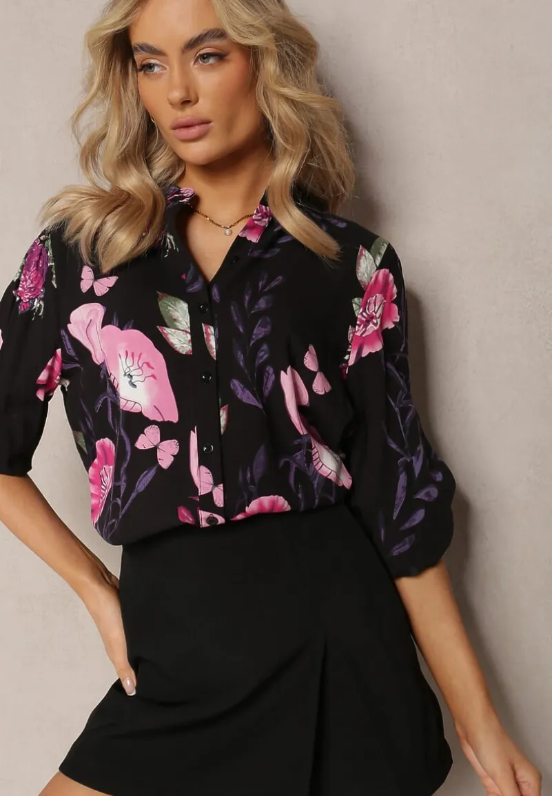 Czarno-Różowa Koszula Ozdobiona Wzorem w Kwiaty z Wiskozy Deliria
