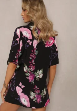Czarno-Różowa Koszula Ozdobiona Wzorem w Kwiaty z Wiskozy Deliria