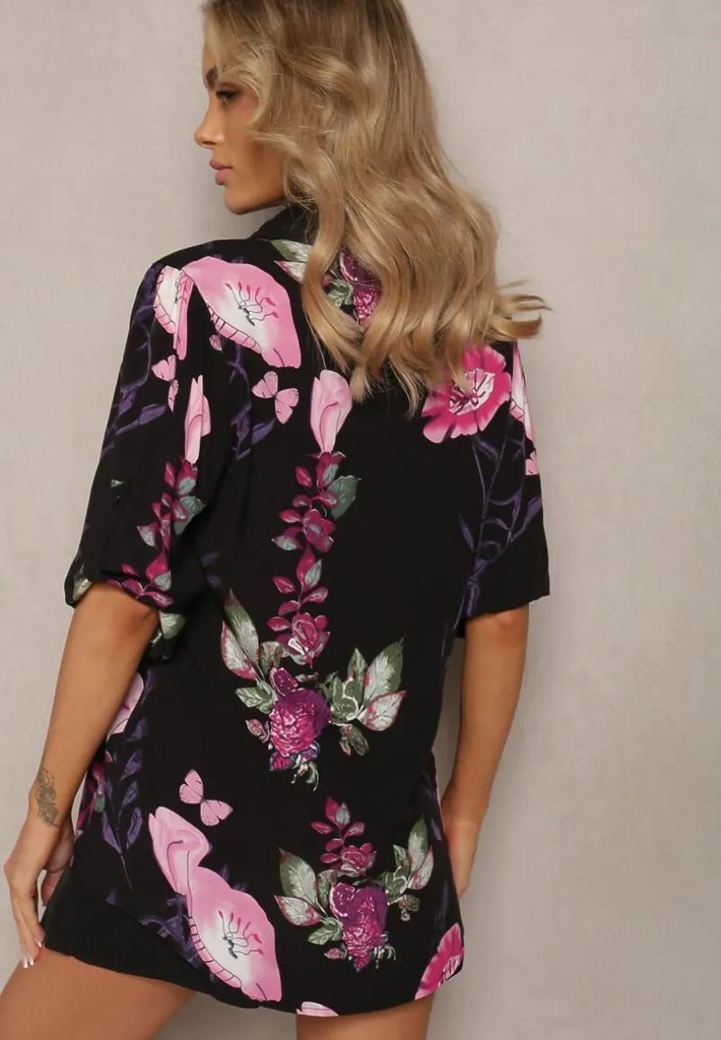 Czarno-Różowa Koszula Ozdobiona Wzorem w Kwiaty z Wiskozy Deliria