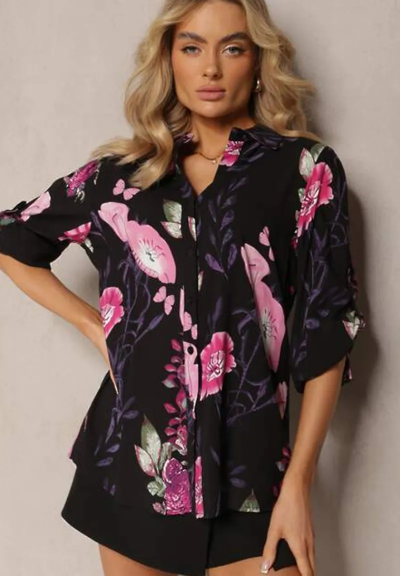 Czarno-Różowa Koszula Ozdobiona Wzorem w Kwiaty z Wiskozy Deliria