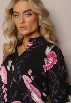 Czarno-Różowa Koszula Ozdobiona Wzorem w Kwiaty z Wiskozy Deliria