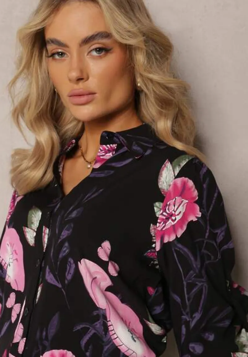 Czarno-Różowa Koszula Ozdobiona Wzorem w Kwiaty z Wiskozy Deliria