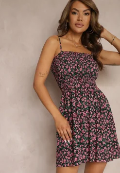 Czarno-Różowa Sukienka z Bawełny na Cienkich Ramiączkach z Gumką w Talii Tessinia