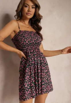 Czarno-Różowa Sukienka z Bawełny na Cienkich Ramiączkach z Gumką w Talii Tessinia