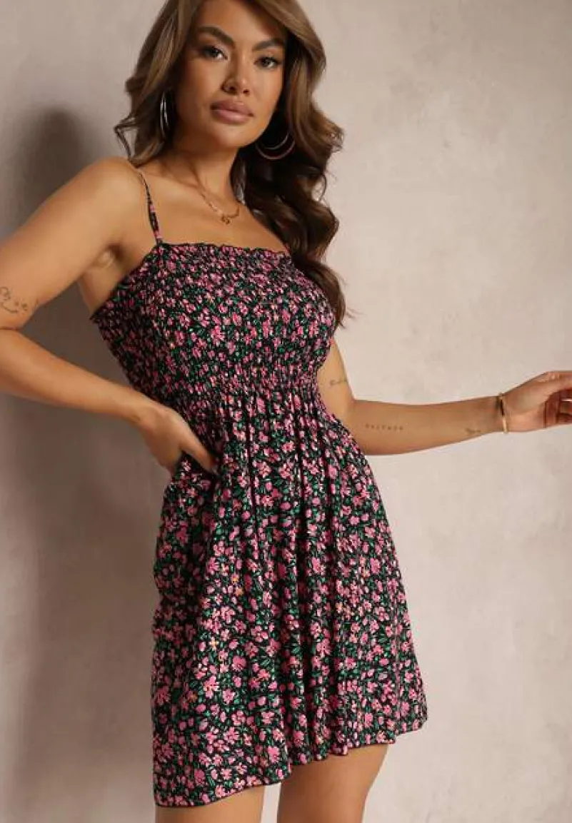 Czarno-Różowa Sukienka z Bawełny na Cienkich Ramiączkach z Gumką w Talii Tessinia