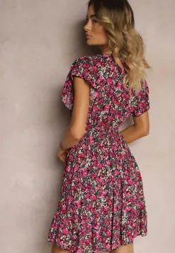Czarno-Różowa Sukienka z Bawełny w Drobne Kwiaty z Kopertowym Dekoltem i Gumką w Talii Calnea
