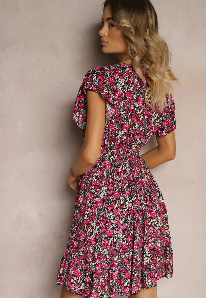 Czarno-Różowa Sukienka z Bawełny w Drobne Kwiaty z Kopertowym Dekoltem i Gumką w Talii Calnea