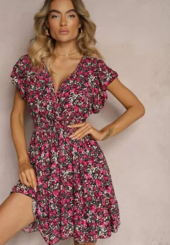 Czarno-Różowa Sukienka z Bawełny w Drobne Kwiaty z Kopertowym Dekoltem i Gumką w Talii Calnea