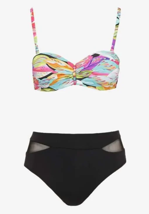 Czarno-Różowe Bikini Majtki Typu Figi i Biustonosz w Abstrakcyjny Motyw Anitlle
