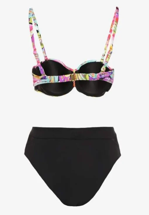Czarno-Różowe Bikini Majtki Typu Figi i Biustonosz w Abstrakcyjny Motyw Anitlle