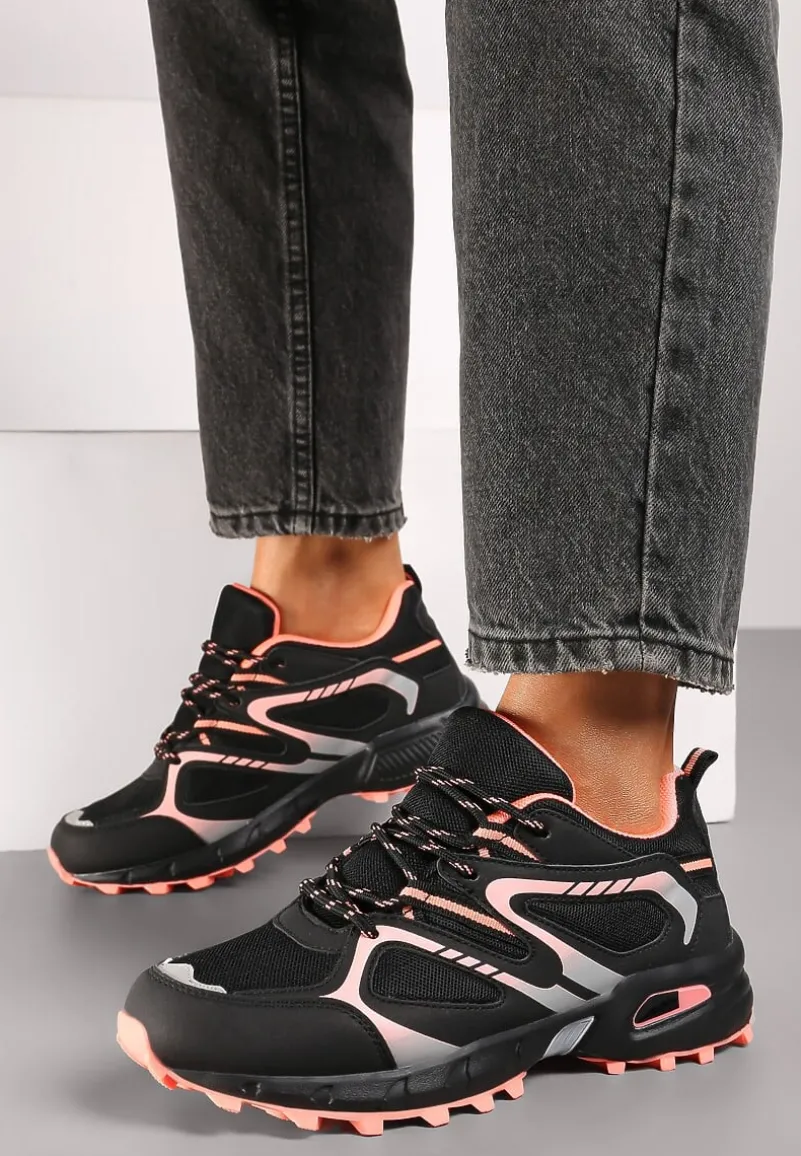 Czarno-Różowe Buty Sportowe Sneakersy na Płaskiej Podeszwie ze Sznurowaniem i Geometrycznym Wzorem Raivi