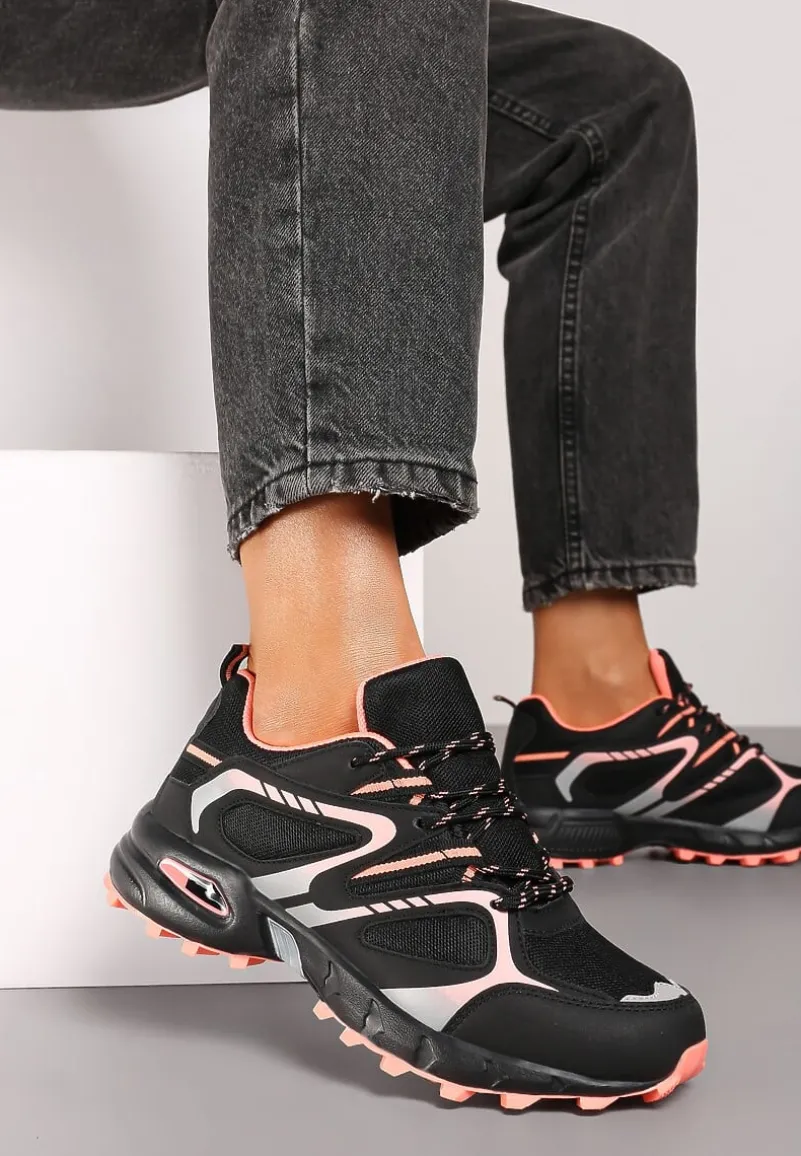 Czarno-Różowe Buty Sportowe Sneakersy na Płaskiej Podeszwie ze Sznurowaniem i Geometrycznym Wzorem Raivi