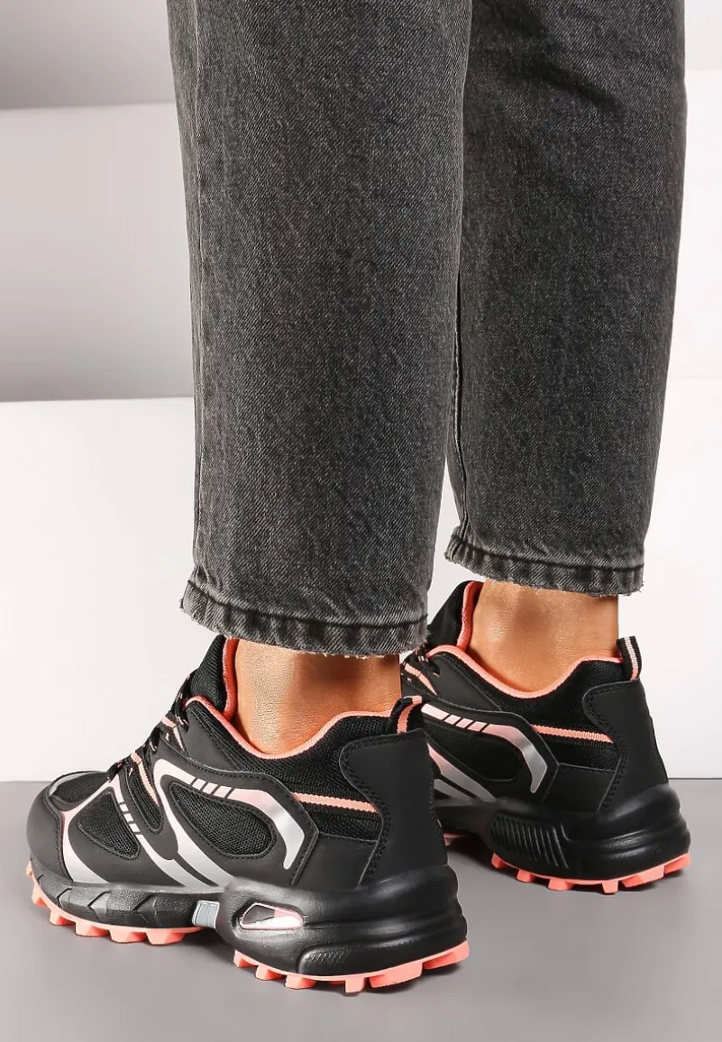 Czarno-Różowe Buty Sportowe Sneakersy na Płaskiej Podeszwie ze Sznurowaniem i Geometrycznym Wzorem Raivi