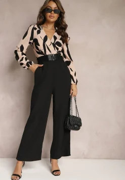 Czarno-Różowy Długi Kombinezon z Kontrastową Górą i Pasem w Talii Bintia