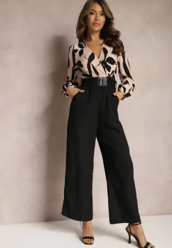 Czarno-Różowy Długi Kombinezon z Kontrastową Górą i Pasem w Talii Bintia