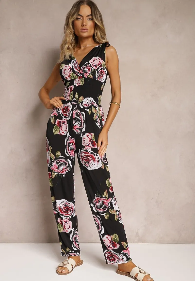Czarno-Różowy Kombinezon o Taliowanym Kroju Bez Rękawów w Kwiaty Senivia