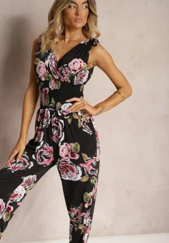 Czarno-Różowy Kombinezon o Taliowanym Kroju Bez Rękawów w Kwiaty Senivia