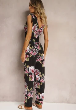 Czarno-Różowy Kombinezon o Taliowanym Kroju Bez Rękawów w Kwiaty Senivia