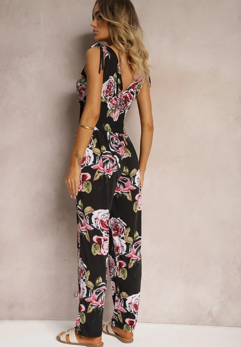 Czarno-Różowy Kombinezon o Taliowanym Kroju Bez Rękawów w Kwiaty Senivia