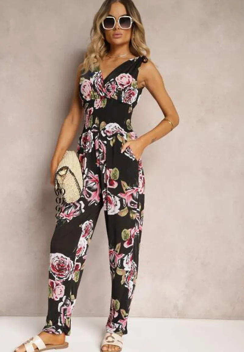 Czarno-Różowy Kombinezon o Taliowanym Kroju Bez Rękawów w Kwiaty Senivia