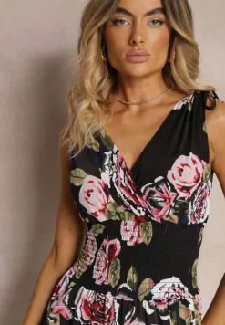 Czarno-Różowy Kombinezon o Taliowanym Kroju Bez Rękawów w Kwiaty Senivia