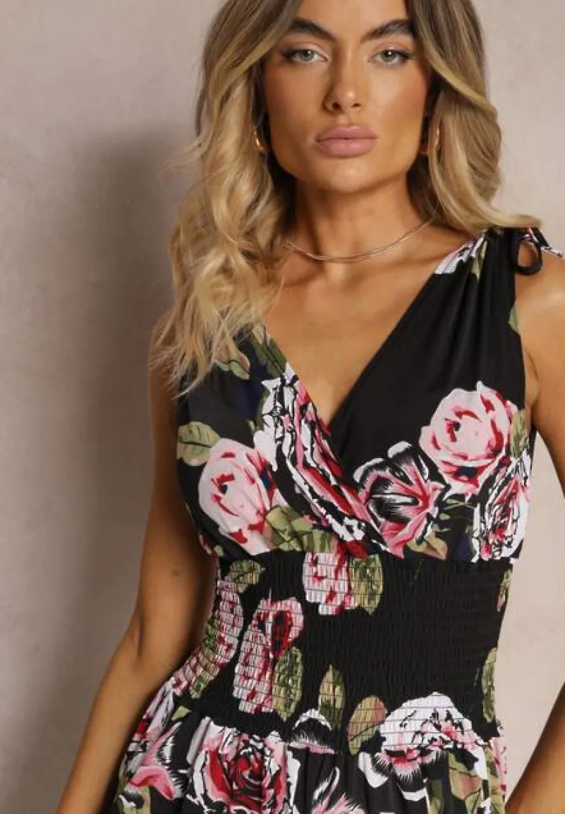 Czarno-Różowy Kombinezon o Taliowanym Kroju Bez Rękawów w Kwiaty Senivia