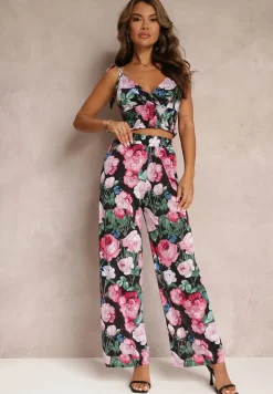 Czarno-Różowy Kwiecisty Komplet 2-częściowy z Topem i Spodniami Tartisa