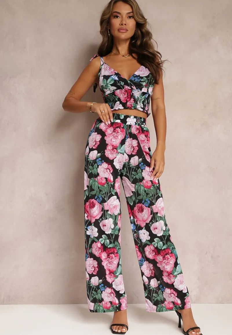 Czarno-Różowy Kwiecisty Komplet 2-częściowy z Topem i Spodniami Tartisa