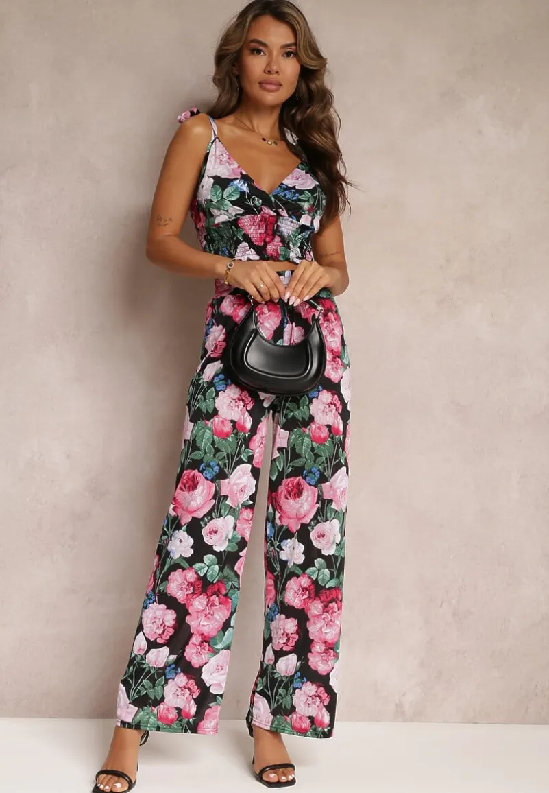 Czarno-Różowy Kwiecisty Komplet 2-częściowy z Topem i Spodniami Tartisa