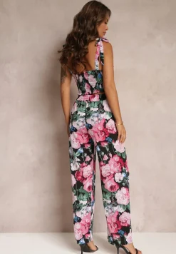 Czarno-Różowy Kwiecisty Komplet 2-częściowy z Topem i Spodniami Tartisa