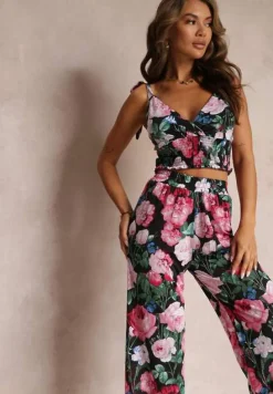 Czarno-Różowy Kwiecisty Komplet 2-częściowy z Topem i Spodniami Tartisa