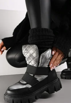 Czarno-Srebrne Śniegowce Wsuwane Pikowane Arjis