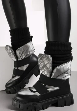 Czarno-Srebrne Śniegowce Wsuwane Pikowane Arjis