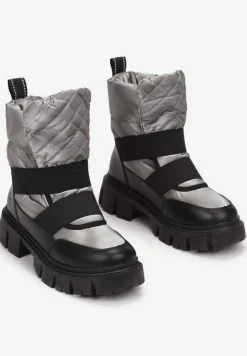 Czarno-Srebrne Śniegowce Wsuwane Pikowane Arjis