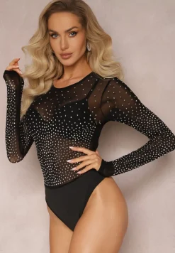 Czarno-Srebrne Siateczkowe Body z Cekinami i Okrągłym Dekoltem Awromma