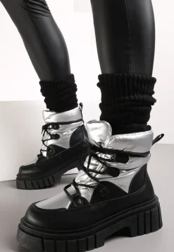 Czarno-Srebrne Sznurowane Śniegowce na Masywnej Podeszwie Pervenna