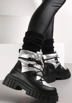 Czarno-Srebrne Sznurowane Śniegowce na Masywnej Podeszwie Pervenna