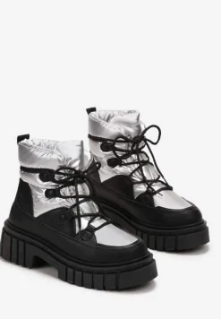 Czarno-Srebrne Sznurowane Śniegowce na Masywnej Podeszwie Pervenna