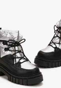 Czarno-Srebrne Sznurowane Śniegowce na Masywnej Podeszwie Pervenna