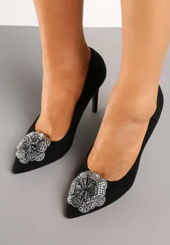 Czarno-Srebrne Szpilki Vices z Wkładką ze Skóry Naturalnej i Kwiatową Aplikacją z Cyrkoniami Retania