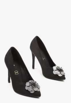 Czarno-Srebrne Szpilki Vices z Wkładką ze Skóry Naturalnej i Kwiatową Aplikacją z Cyrkoniami Retania