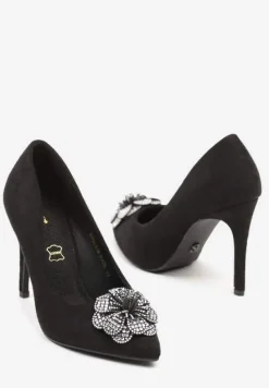 Czarno-Srebrne Szpilki Vices z Wkładką ze Skóry Naturalnej i Kwiatową Aplikacją z Cyrkoniami Retania