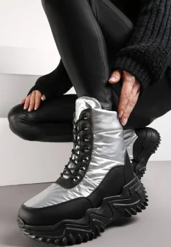 Czarno-Srebrne Traperki na Grubej Podeszwie Lorkani