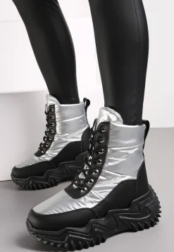 Czarno-Srebrne Traperki na Grubej Podeszwie Lorkani