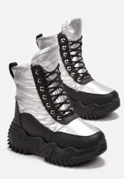 Czarno-Srebrne Traperki na Grubej Podeszwie Lorkani