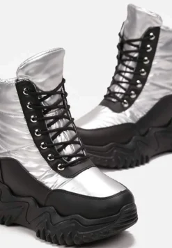 Czarno-Srebrne Traperki na Grubej Podeszwie Lorkani