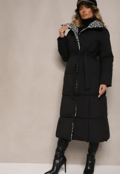 Czarno-Szara Długa Kurtka z Pikowanymi Przeszyciami i Kołnierzem w Panterkę Wiązana w Talii Tilfezi