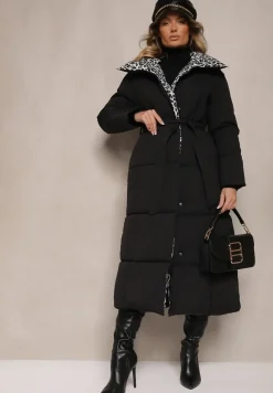 Czarno-Szara Długa Kurtka z Pikowanymi Przeszyciami i Kołnierzem w Panterkę Wiązana w Talii Tilfezi