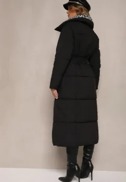 Czarno-Szara Długa Kurtka z Pikowanymi Przeszyciami i Kołnierzem w Panterkę Wiązana w Talii Tilfezi