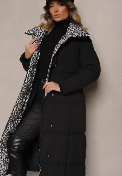 Czarno-Szara Długa Kurtka z Pikowanymi Przeszyciami i Kołnierzem w Panterkę Wiązana w Talii Tilfezi